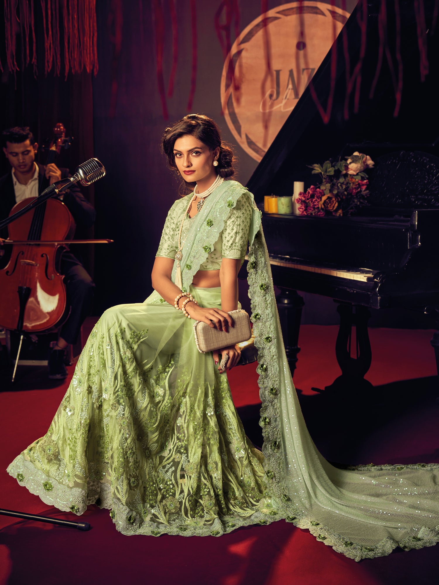Green Digital Net Saree with Heavy Embroidery &amp; Sequins