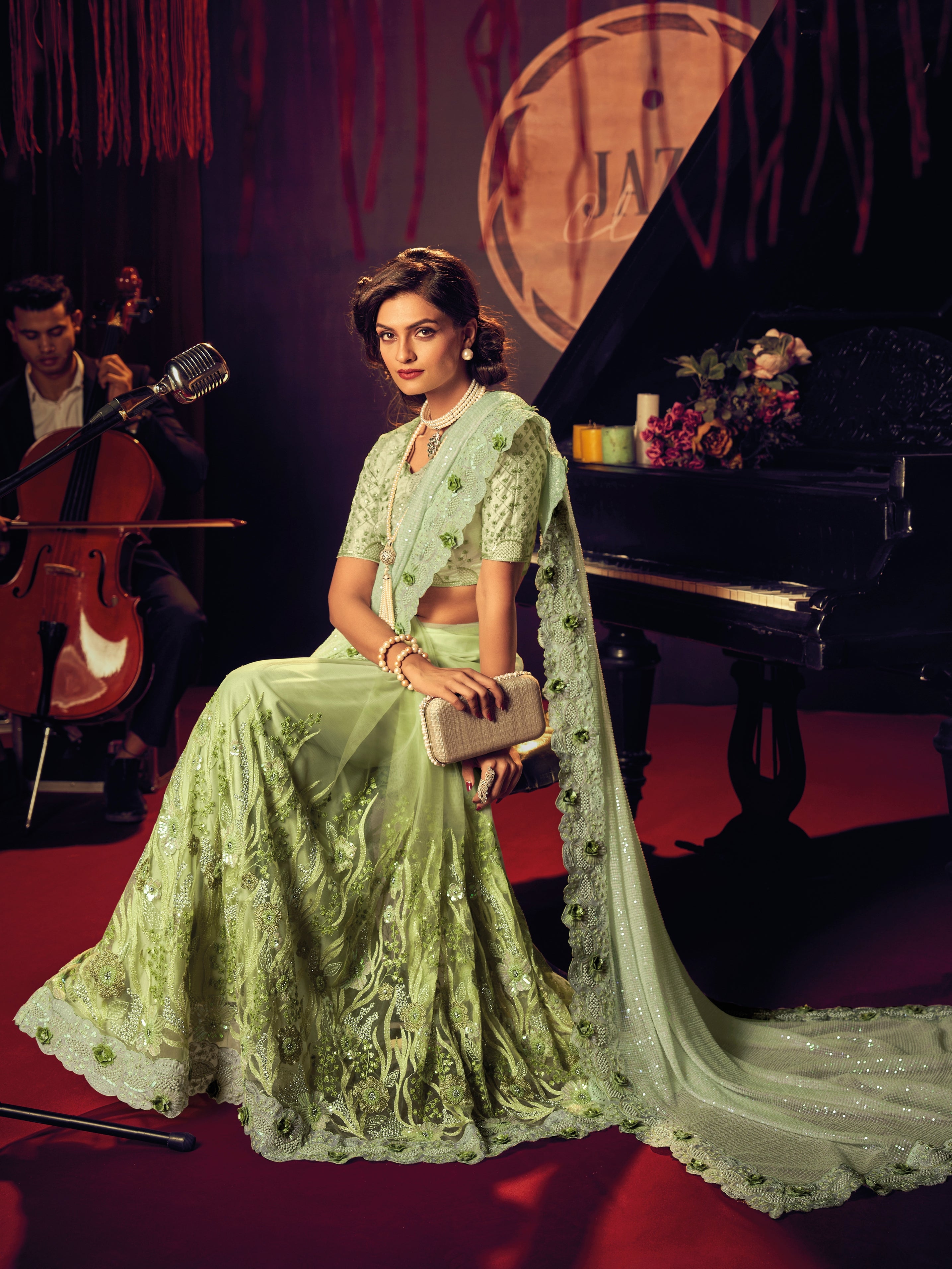 Green Digital Net Saree with Heavy Embroidery & Sequins