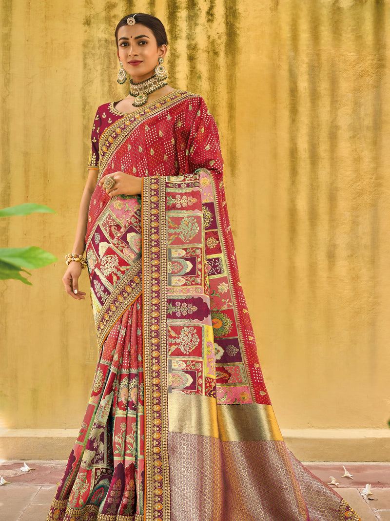 Maroon-Golden Pure Dola Viscose Saree