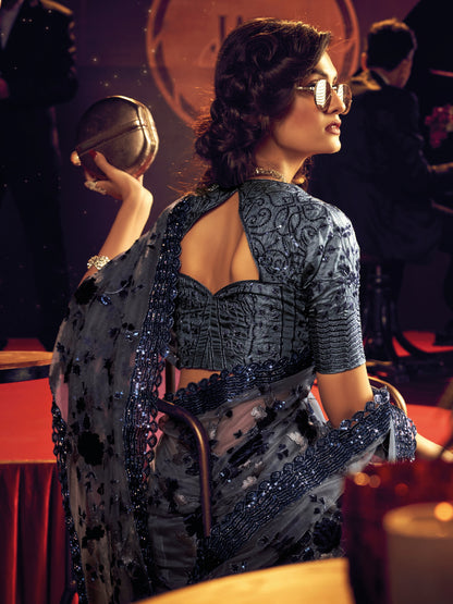 Slate Blue Embroidered Net Saree with Sequins &amp; Thread Work