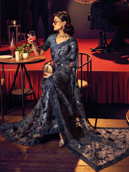 Slate Blue Embroidered Net Saree with Sequins &amp; Thread Work