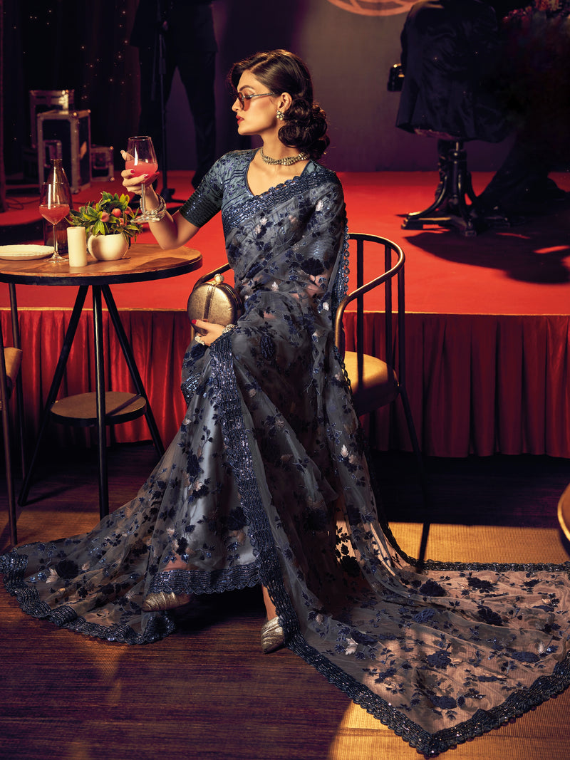 Slate Blue Embroidered Net Saree with Sequins & Thread Work