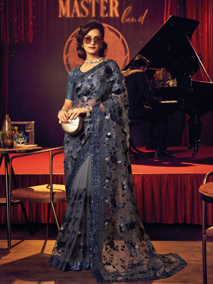 Slate Blue Embroidered Net Saree with Sequins &amp; Thread Work