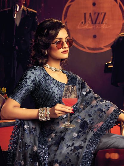 Slate Blue Embroidered Net Saree with Sequins &amp; Thread Work