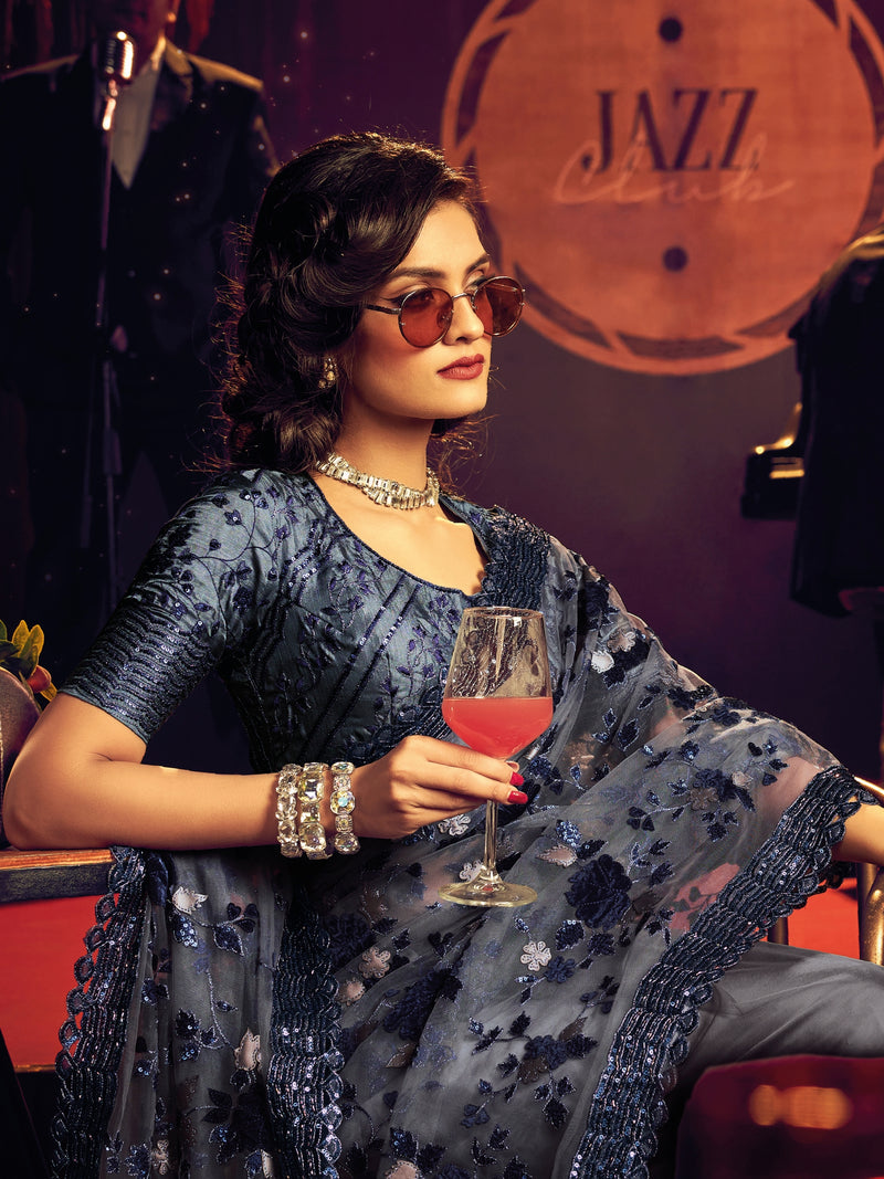 Slate Blue Embroidered Net Saree with Sequins & Thread Work