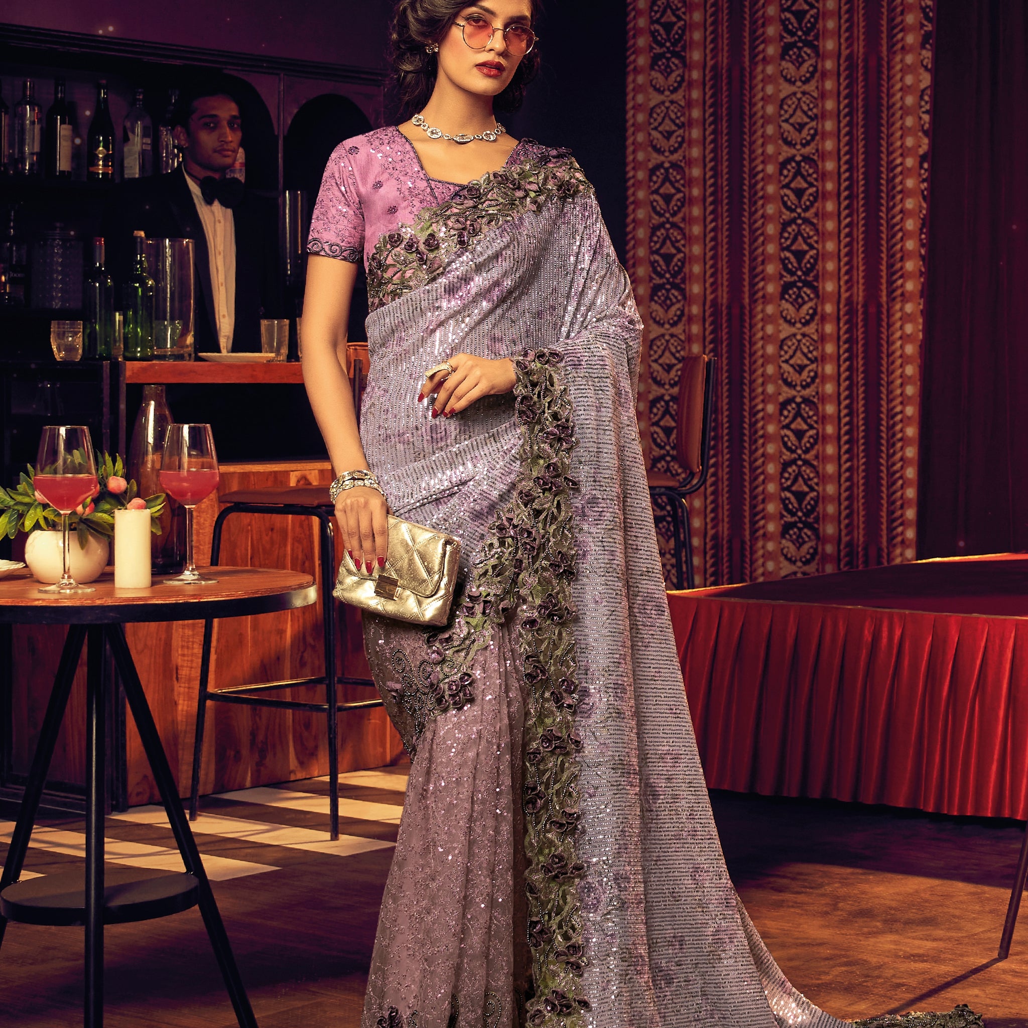 Lavender Embroidered Net Saree with Sequins & Thread Detailing