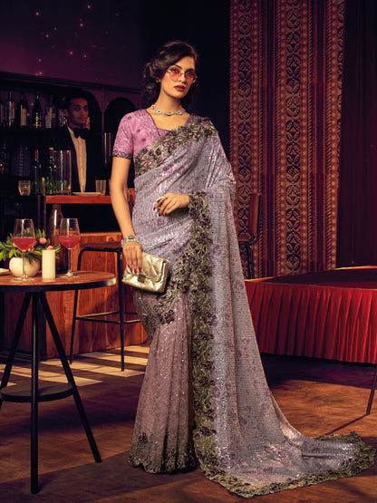Lavender Embroidered Net Saree with Sequins &amp; Thread Detailing