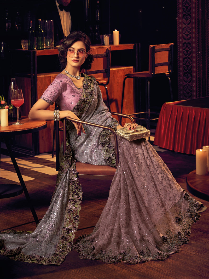 Lavender Embroidered Net Saree with Sequins & Thread Detailing