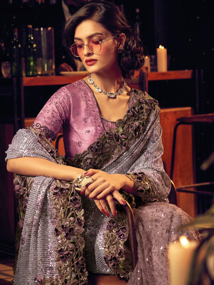 Lavender Embroidered Net Saree with Sequins &amp; Thread Detailing