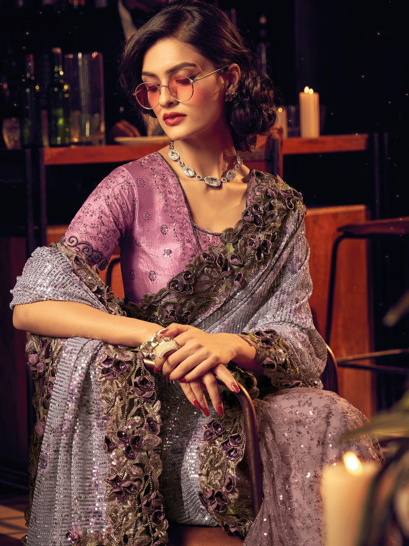 Lavender Embroidered Net Saree with Sequins & Thread Detailing