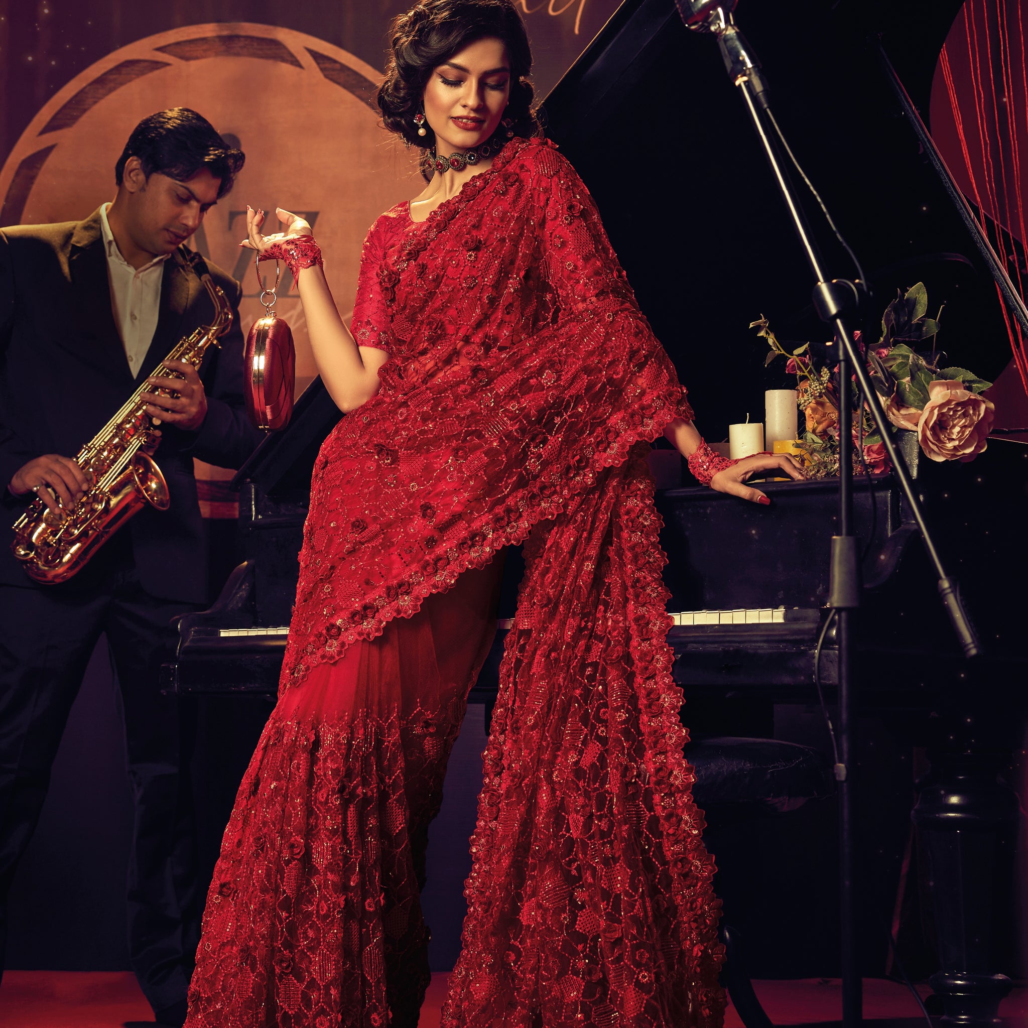 Red Embroidered Net Saree with Sequins & Floral Thread Work