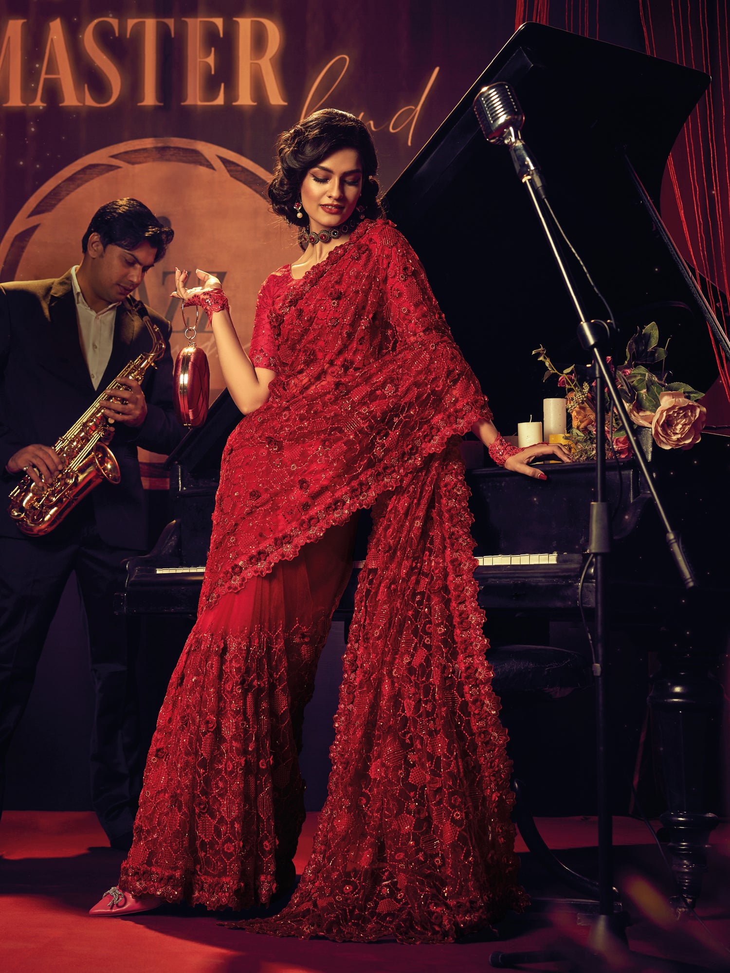Red Embroidered Net Saree with Sequins &amp; Floral Thread Work