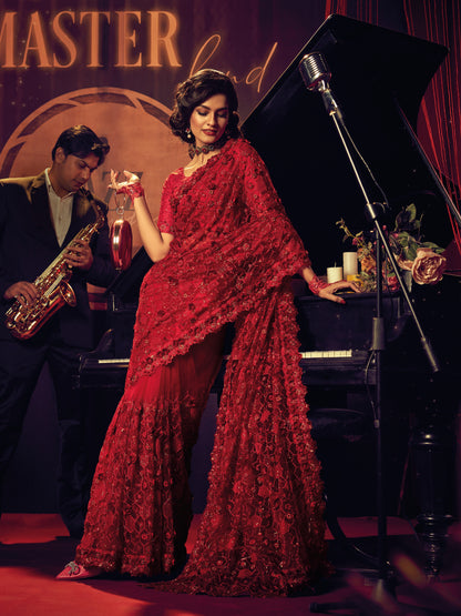 Red Embroidered Net Saree with Sequins &amp; Floral Thread Work