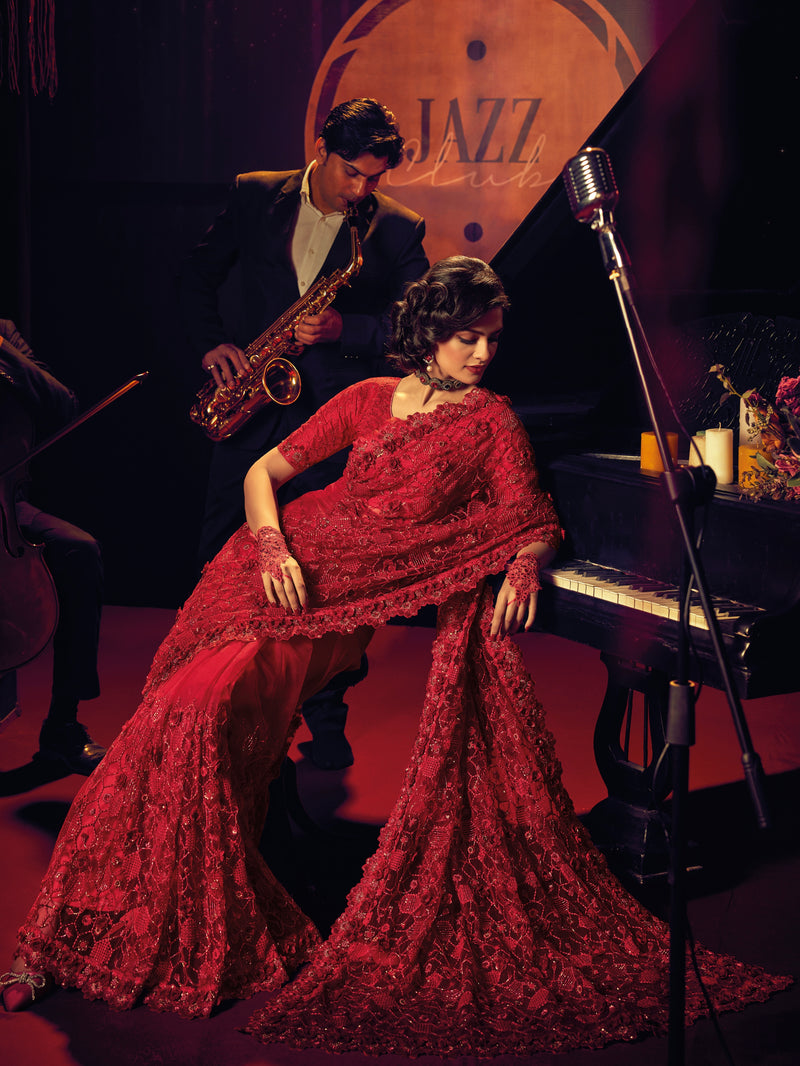 Red Embroidered Net Saree with Sequins & Floral Thread Work