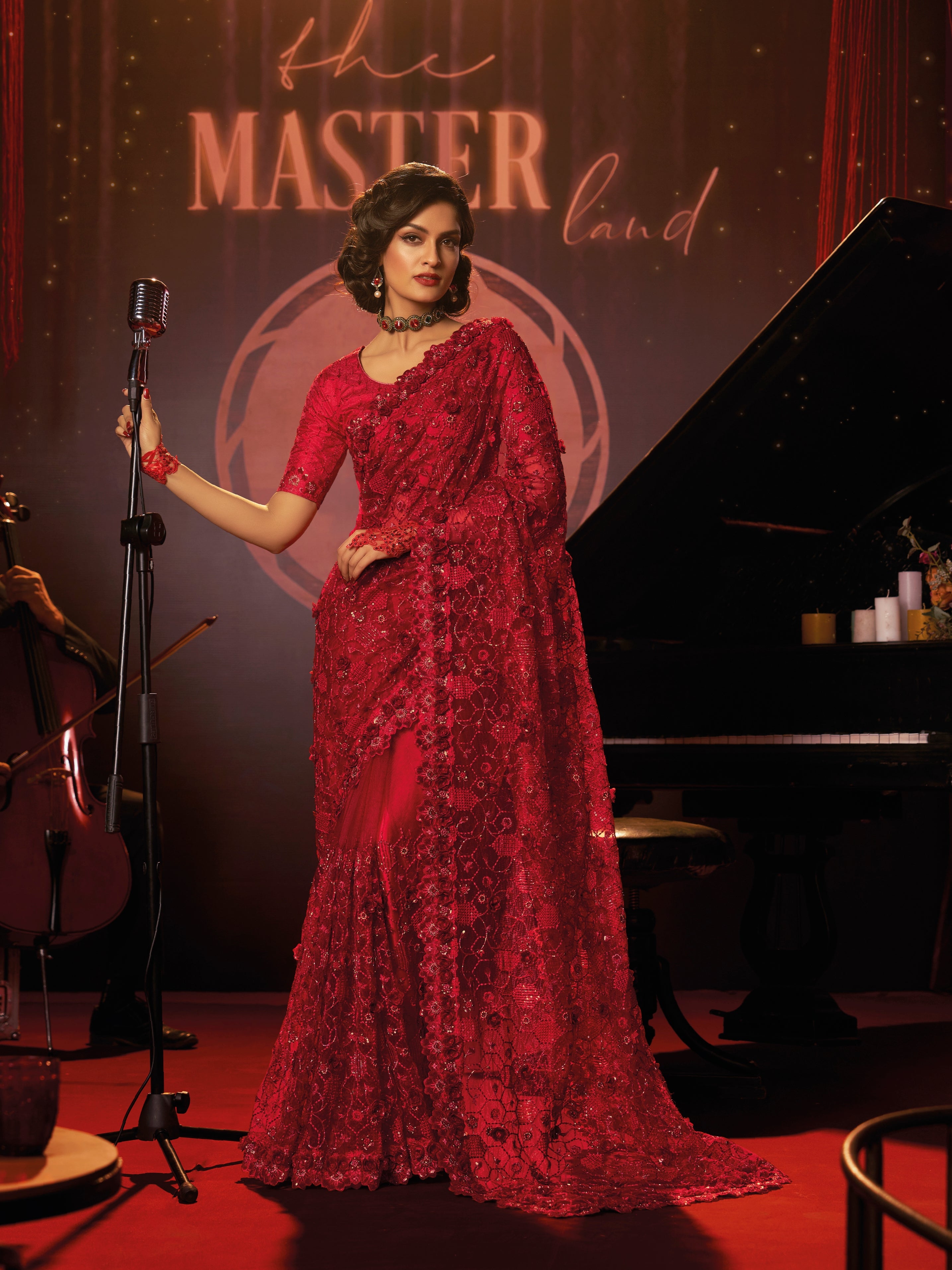 Red Embroidered Net Saree with Sequins &amp; Floral Thread Work