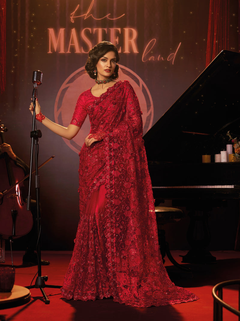 Red Embroidered Net Saree with Sequins & Floral Thread Work