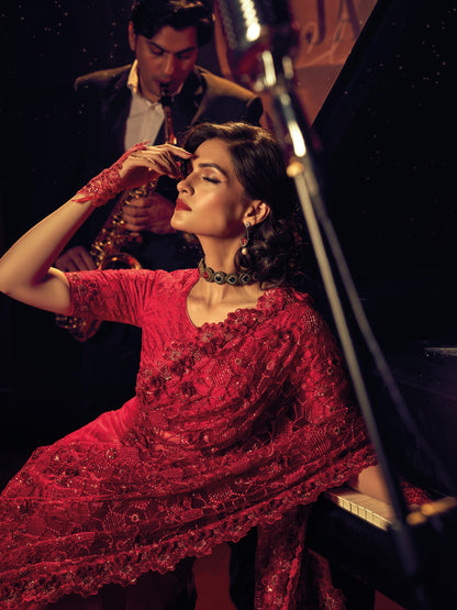 Red Embroidered Net Saree with Sequins &amp; Floral Thread Work