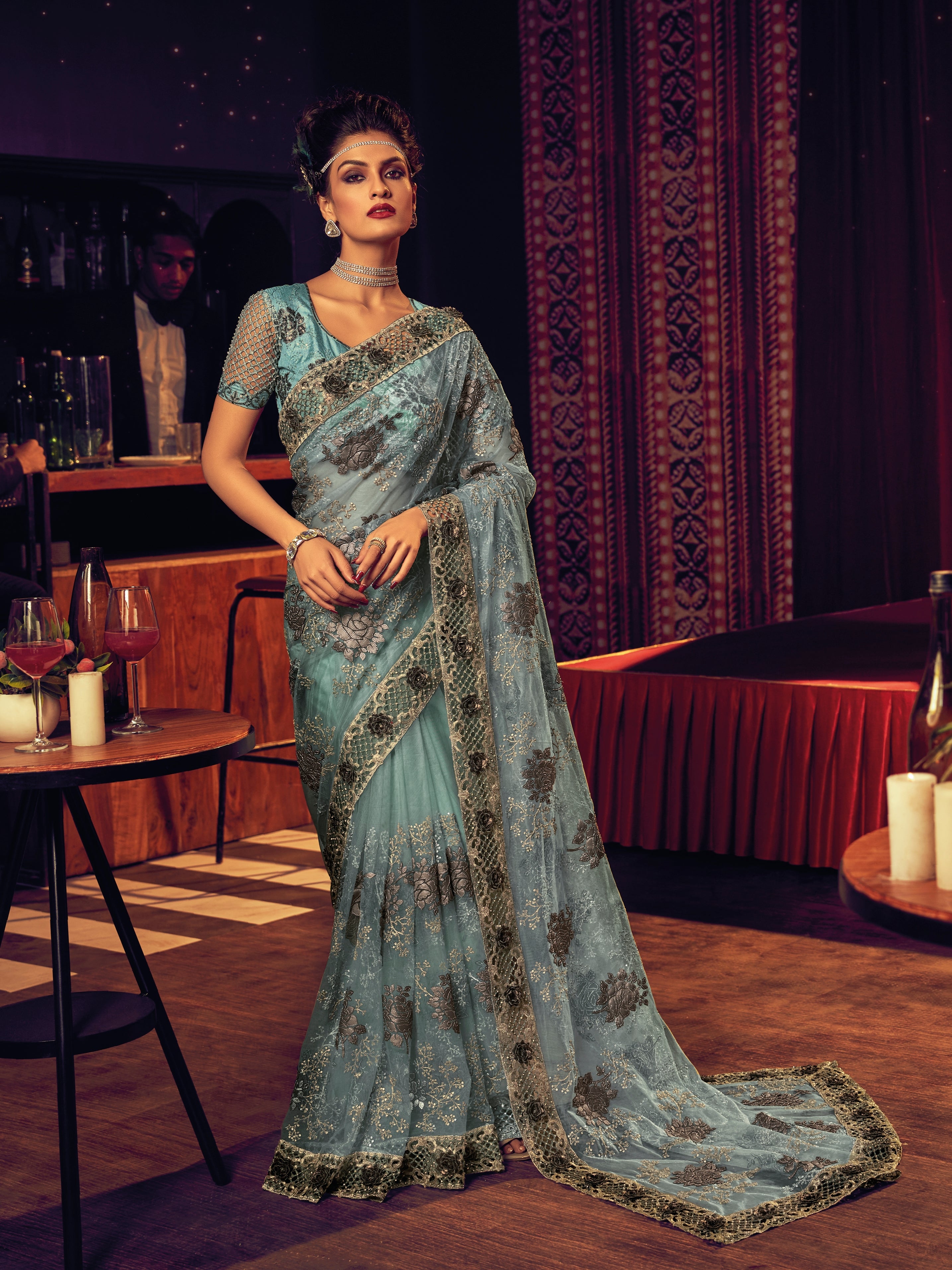 Sky Blue Net Saree with Exquisite Thread Embroidery &amp; Sequins