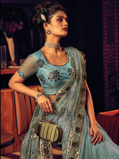 Sky Blue Net Saree with Exquisite Thread Embroidery &amp; Sequins