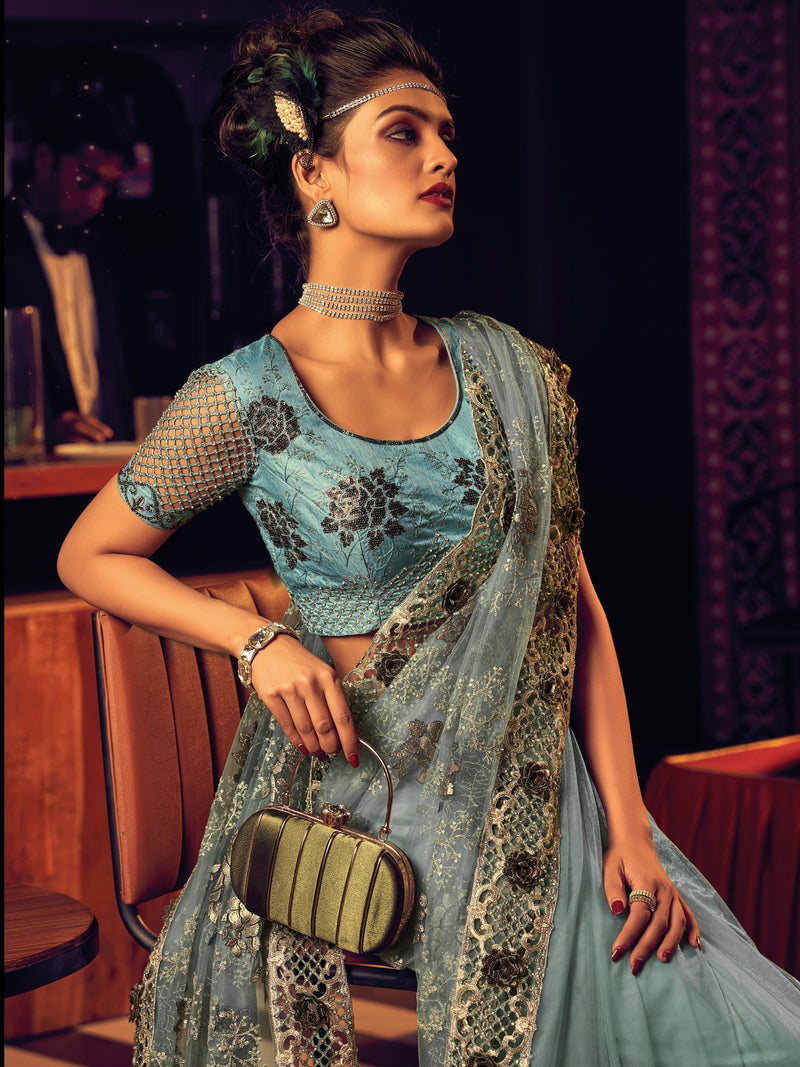 Sky Blue Net Saree with Exquisite Thread Embroidery & Sequins