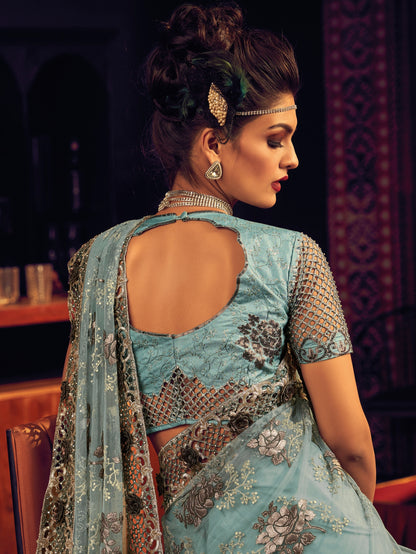 Sky Blue Net Saree with Exquisite Thread Embroidery &amp; Sequins