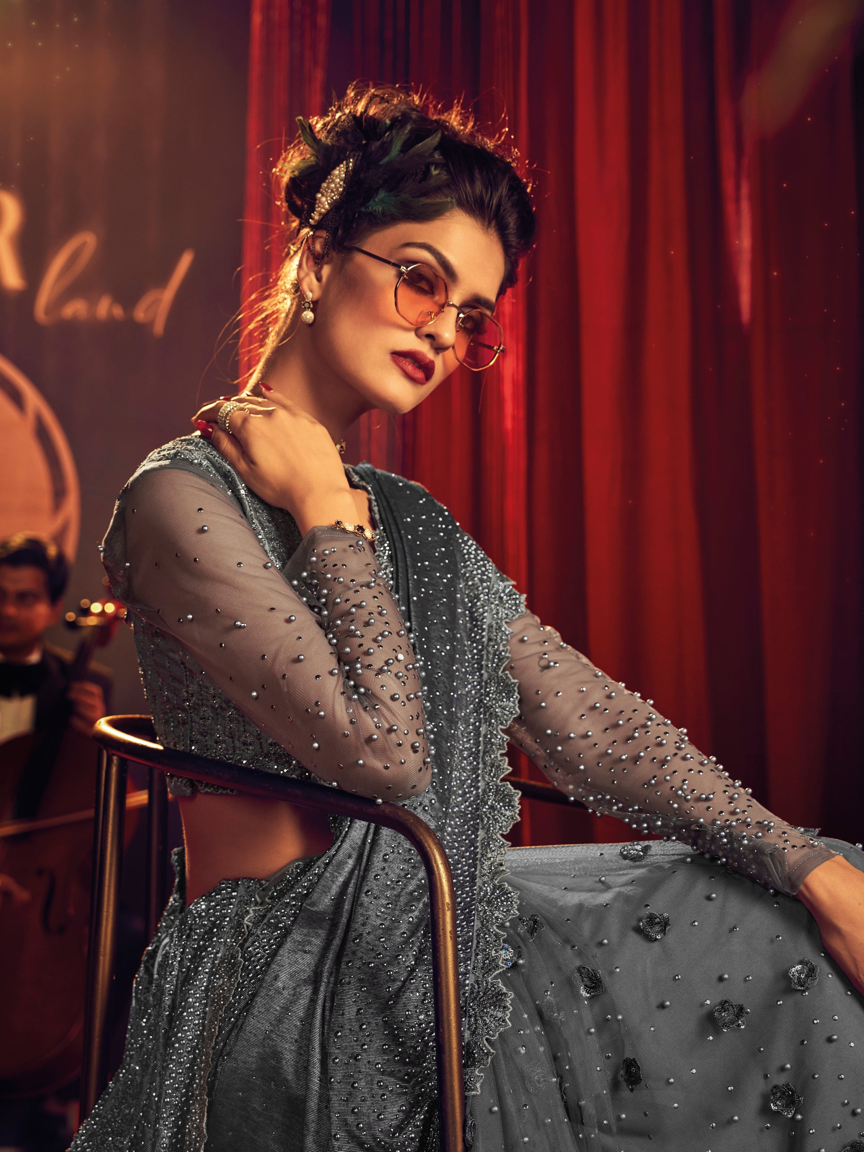 Gray Embroidered Net Saree with Sequins &amp; Thread Detailing