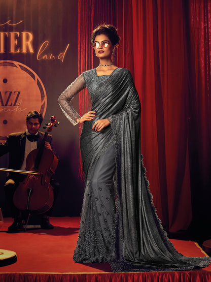 Gray Embroidered Net Saree with Sequins &amp; Thread Detailing