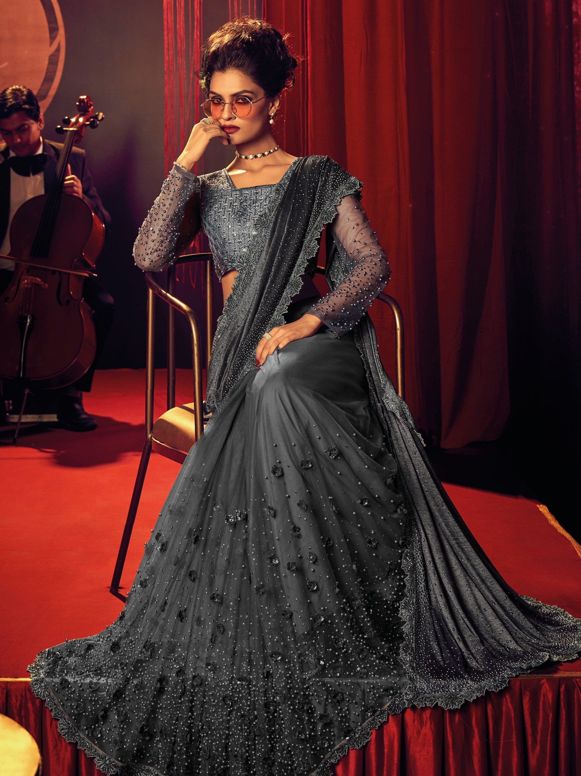 Gray Embroidered Net Saree with Sequins &amp; Thread Detailing