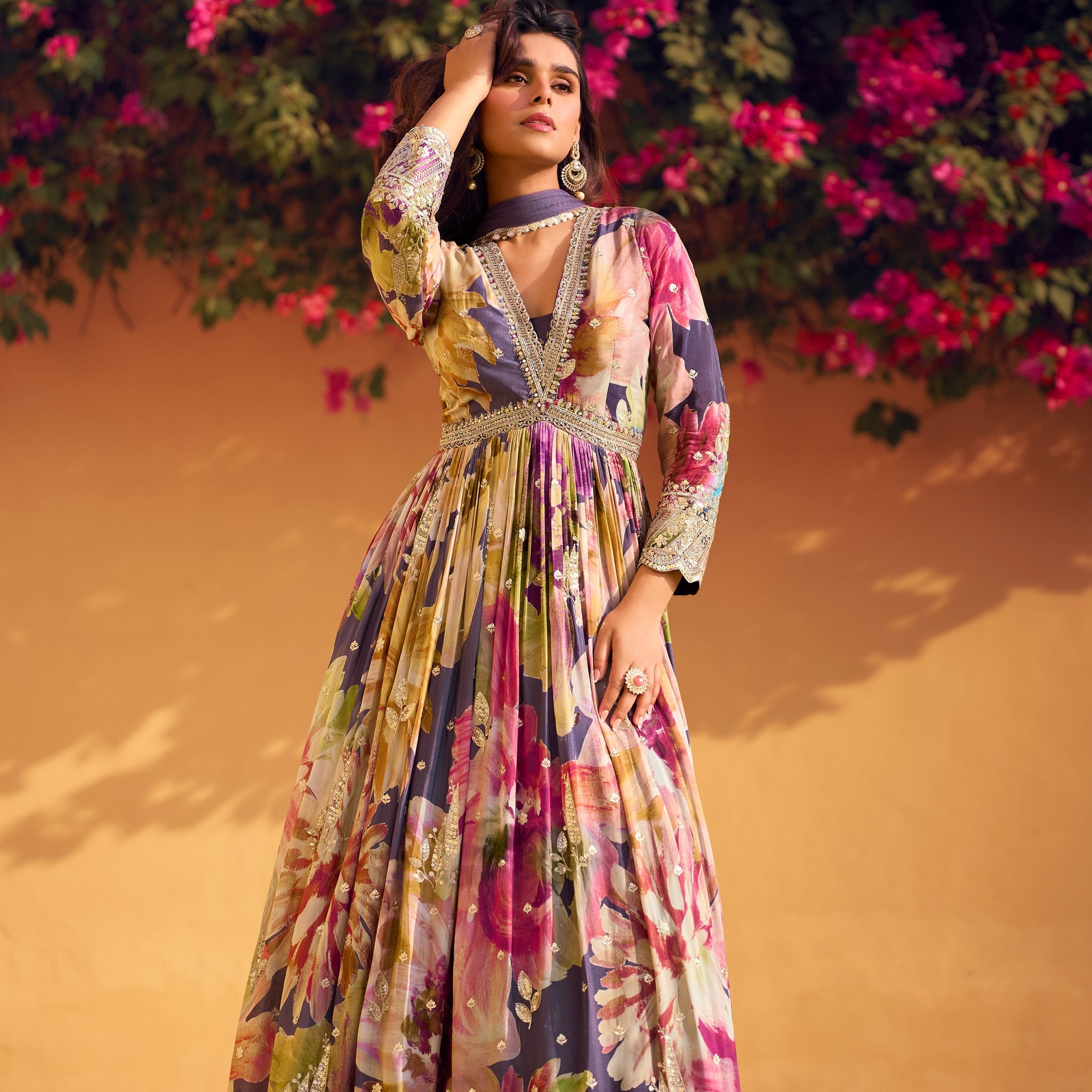 Multicolor Floral Embroidered Chinon Silk Anarkali Suit