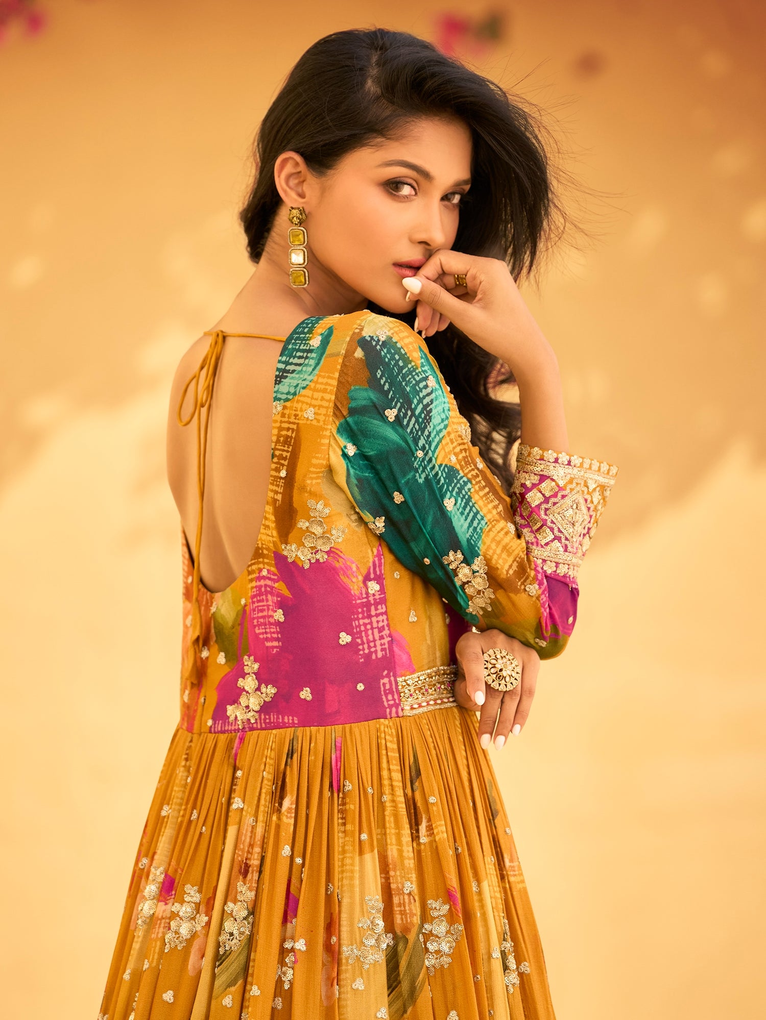 Golden Yellow Embroidered Chinon Silk Anarkali Suit Golden Yellow Embroidered Chinon Silk Anarkali Suit