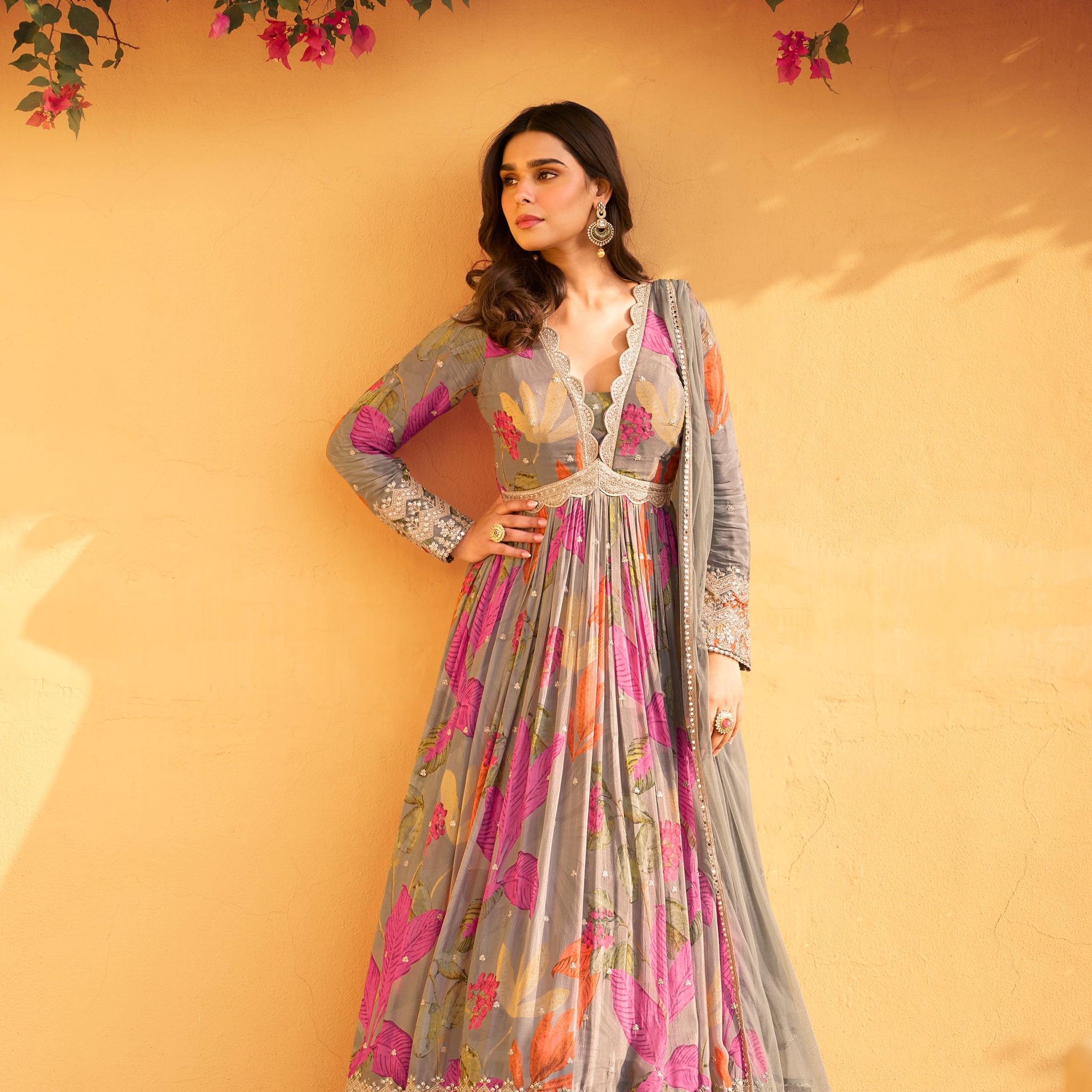 Gray Embroidered Chinon Silk Designer Anarkali Suit