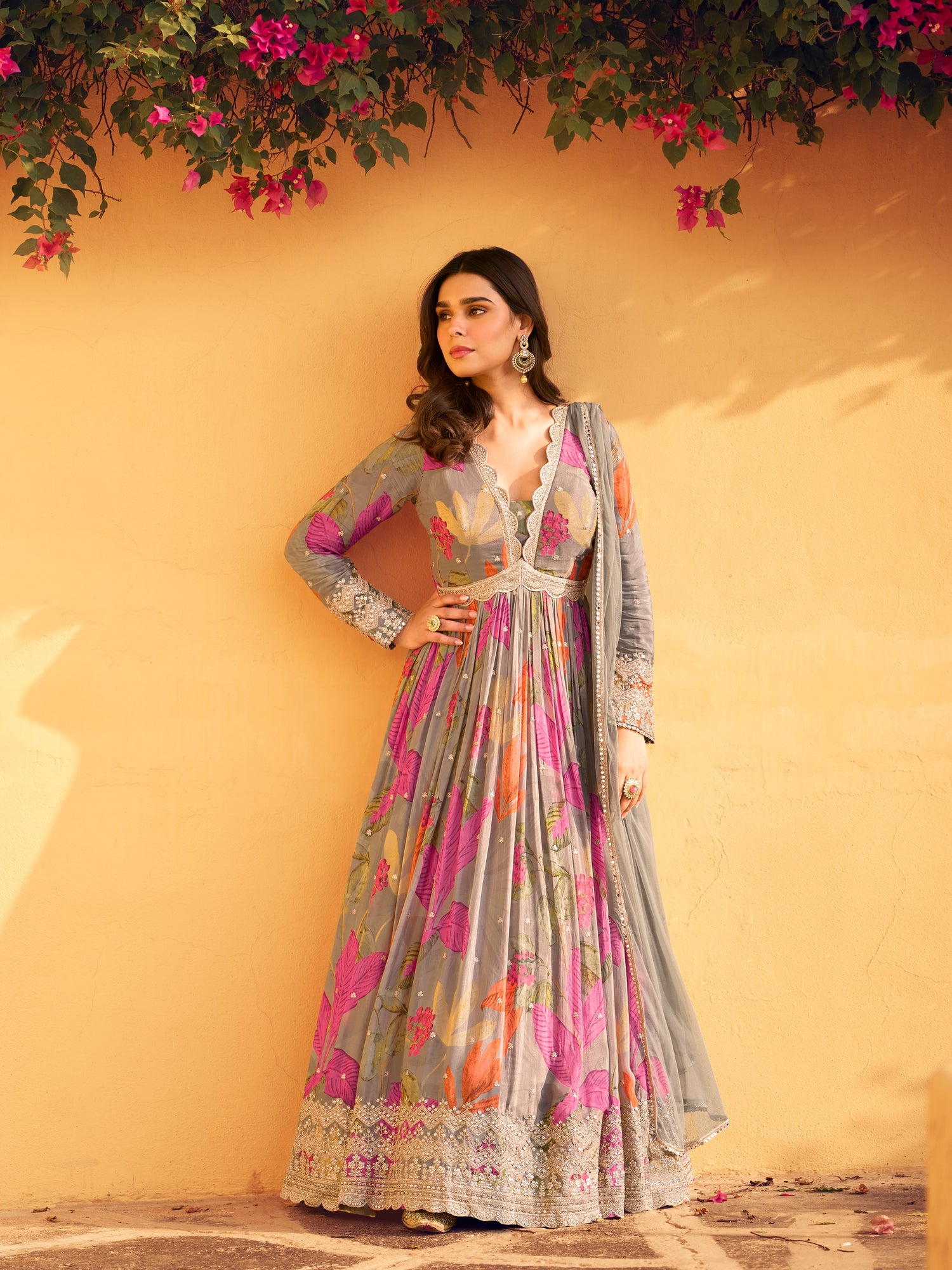 Gray Embroidered Chinon Silk Designer Anarkali Suit | Buy Online at Anant  Exports