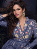 Steel Blue Handworked Chinon Silk Anarkali Suit