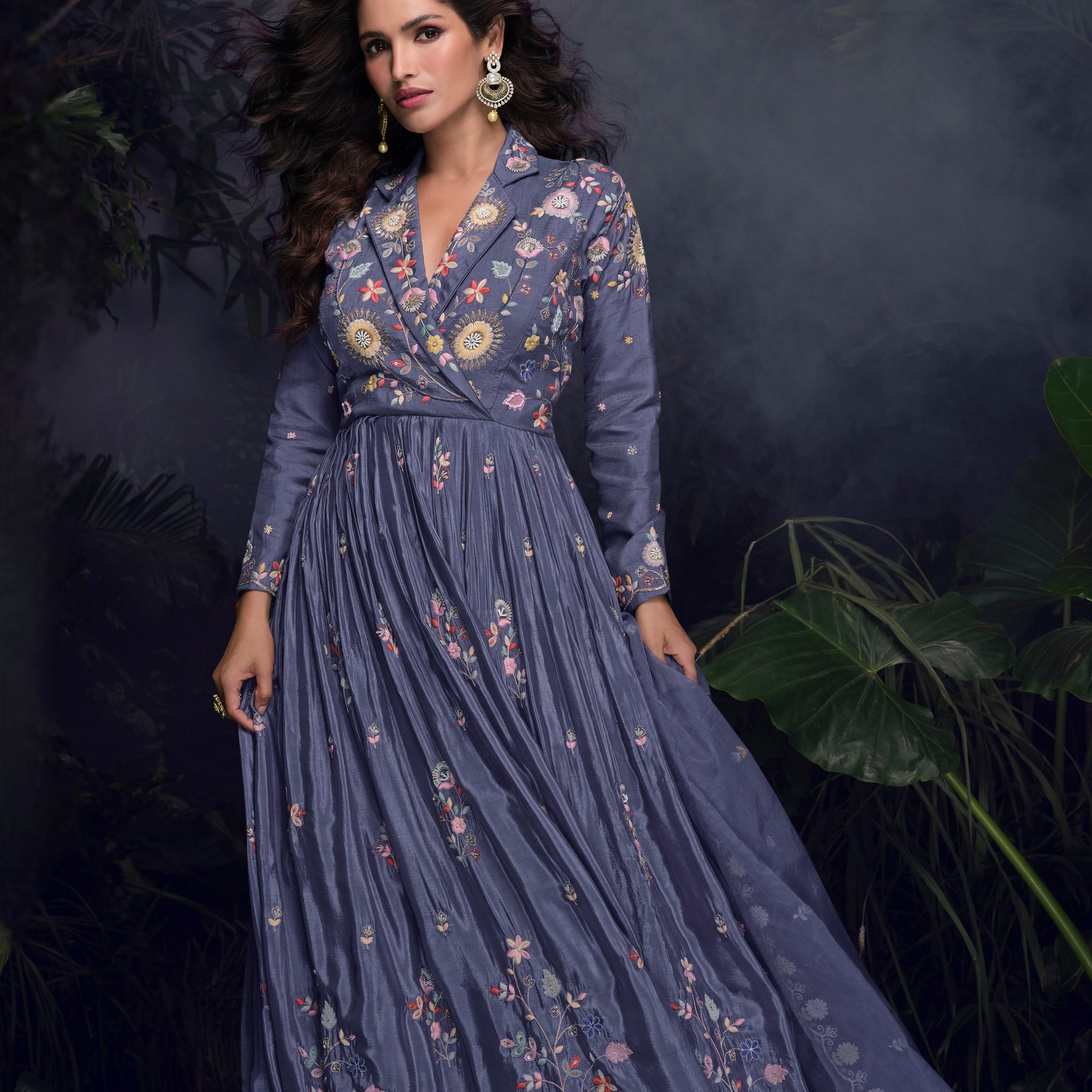 Steel Blue Handworked Chinon Silk Anarkali Suit