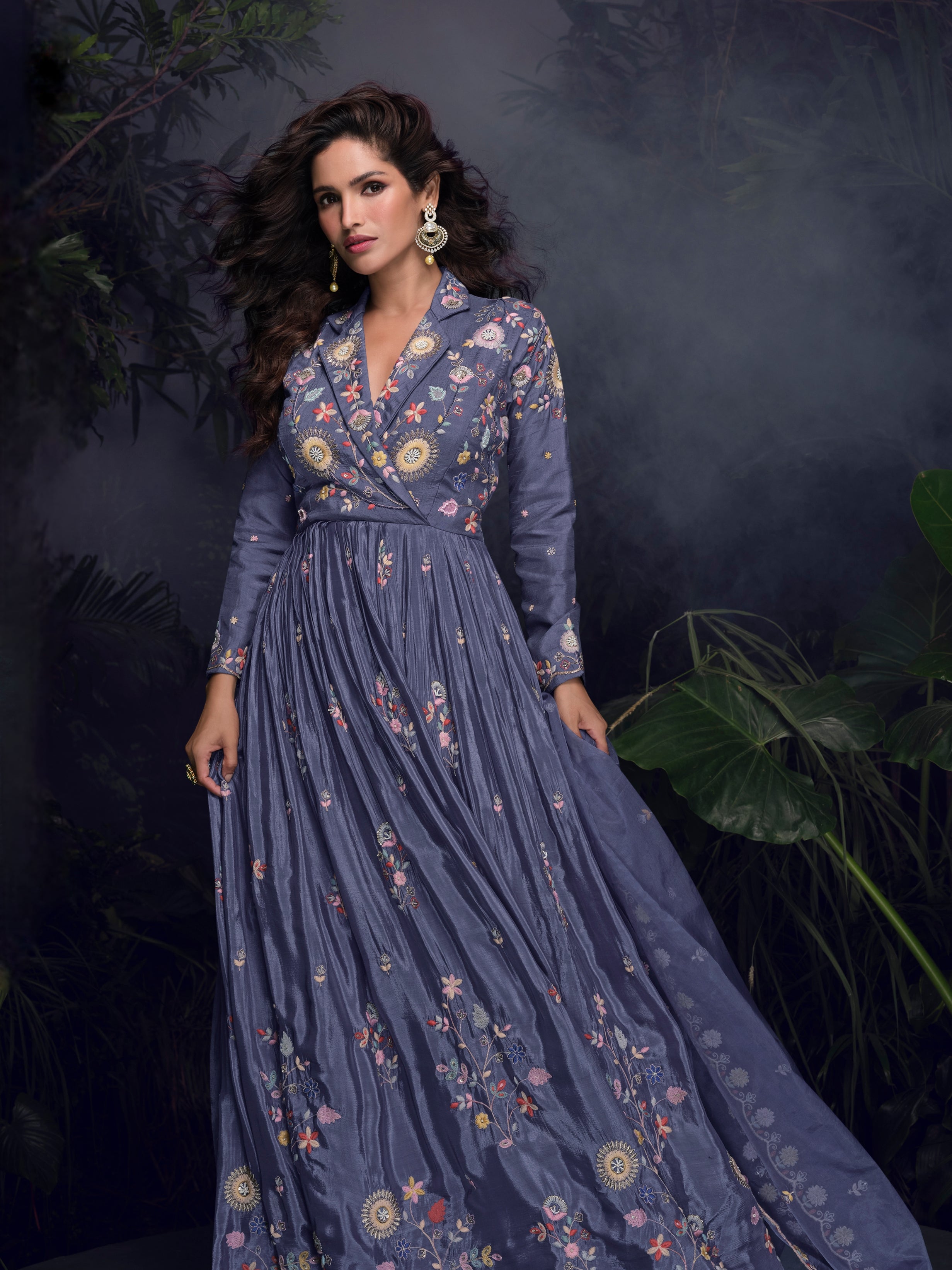 Steel Blue Handworked Chinon Silk Anarkali Suit