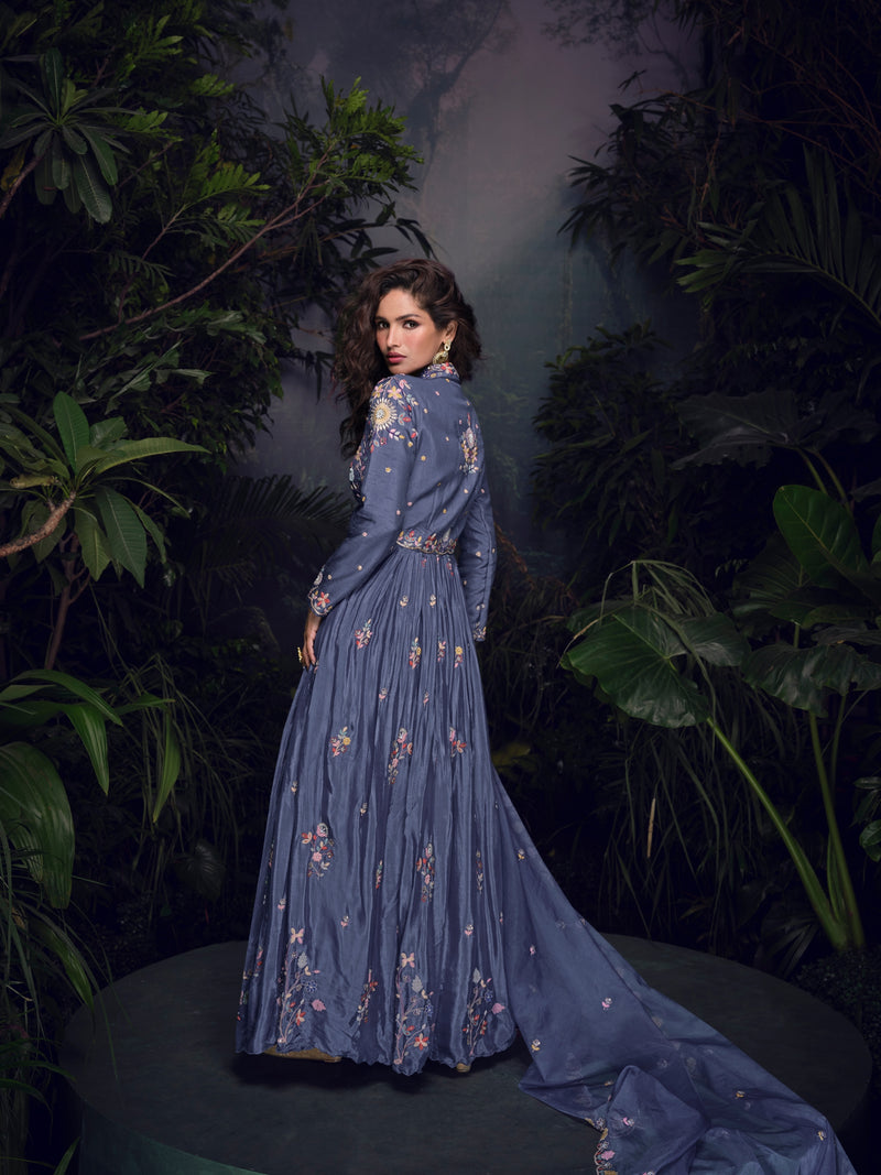 Steel Blue Handworked Chinon Silk Anarkali Suit