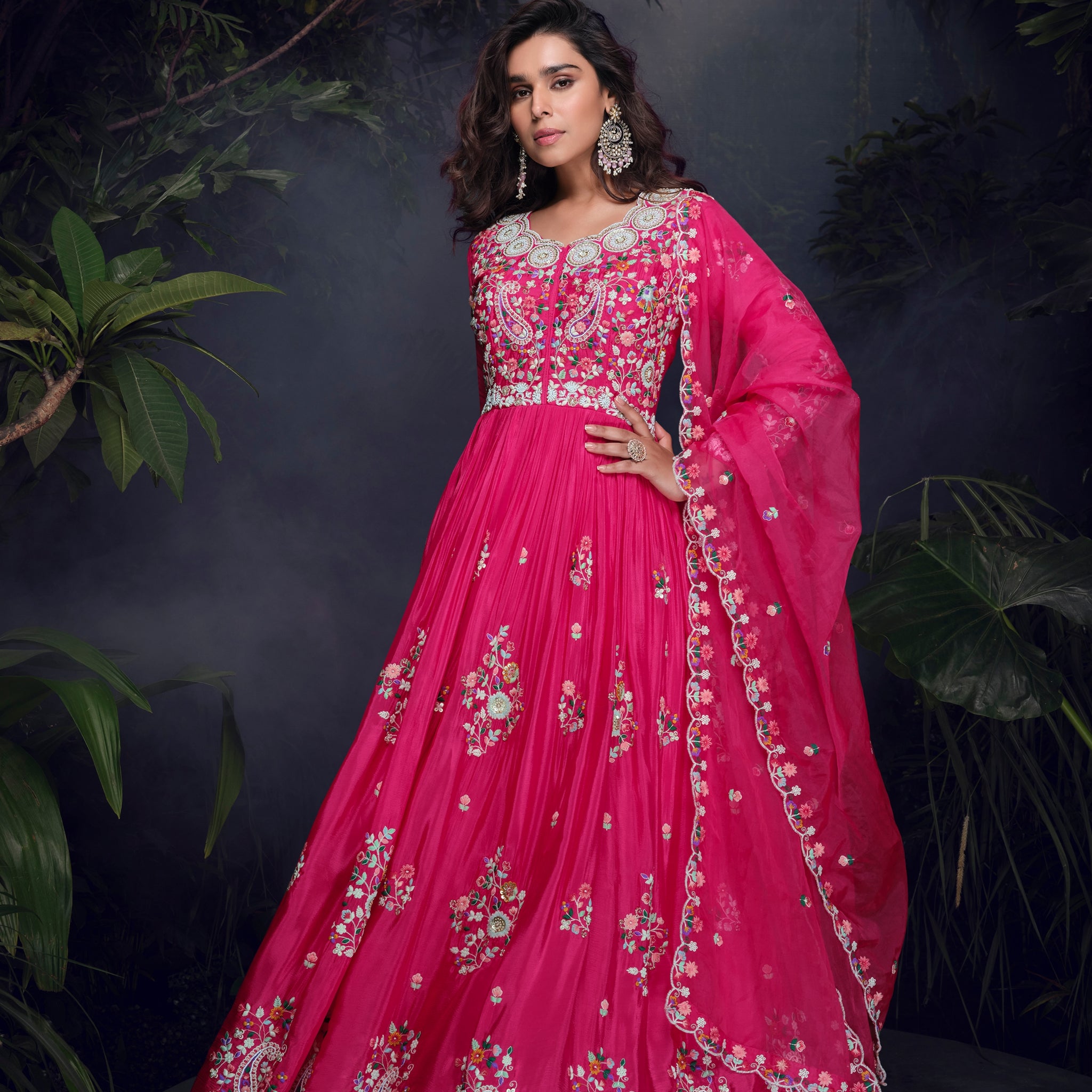 Hot Pink Handworked Chinon Silk Anarkali Suit