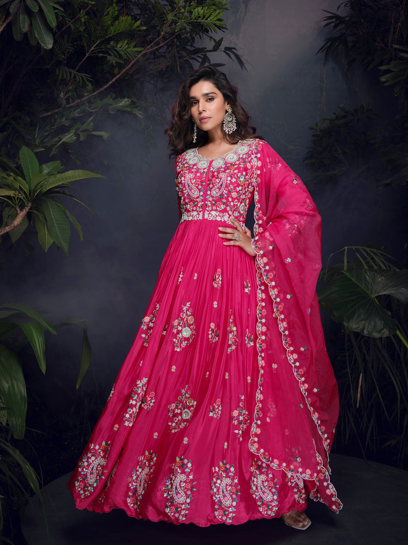 Hot Pink Handworked Chinon Silk Anarkali Suit