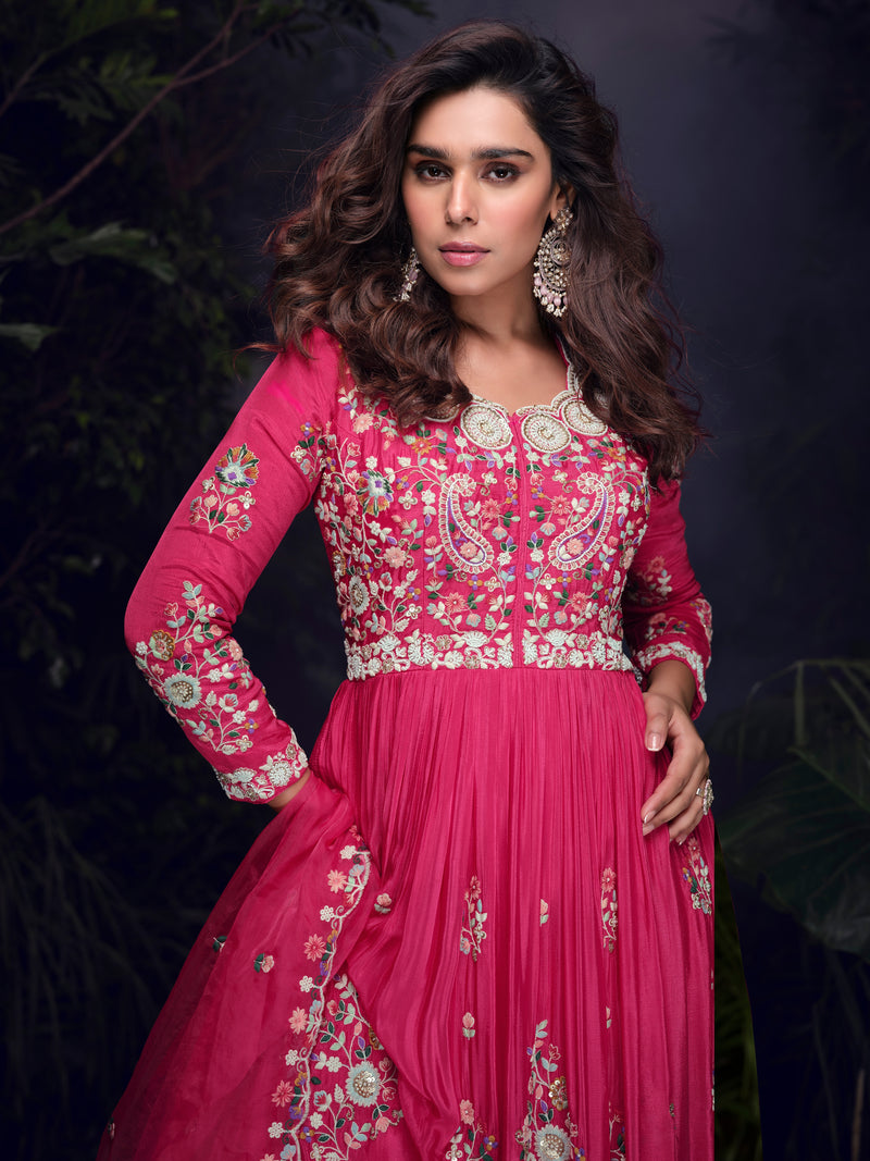 Hot Pink Handworked Chinon Silk Anarkali Suit