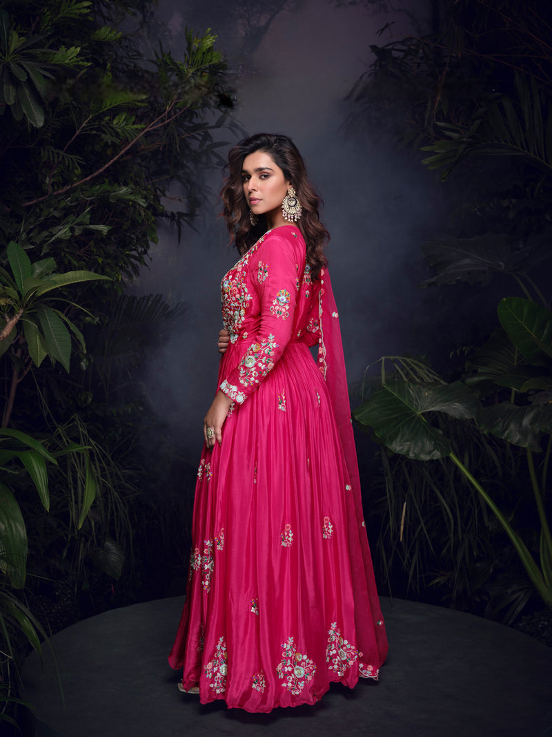 Hot Pink Handworked Chinon Silk Anarkali Suit