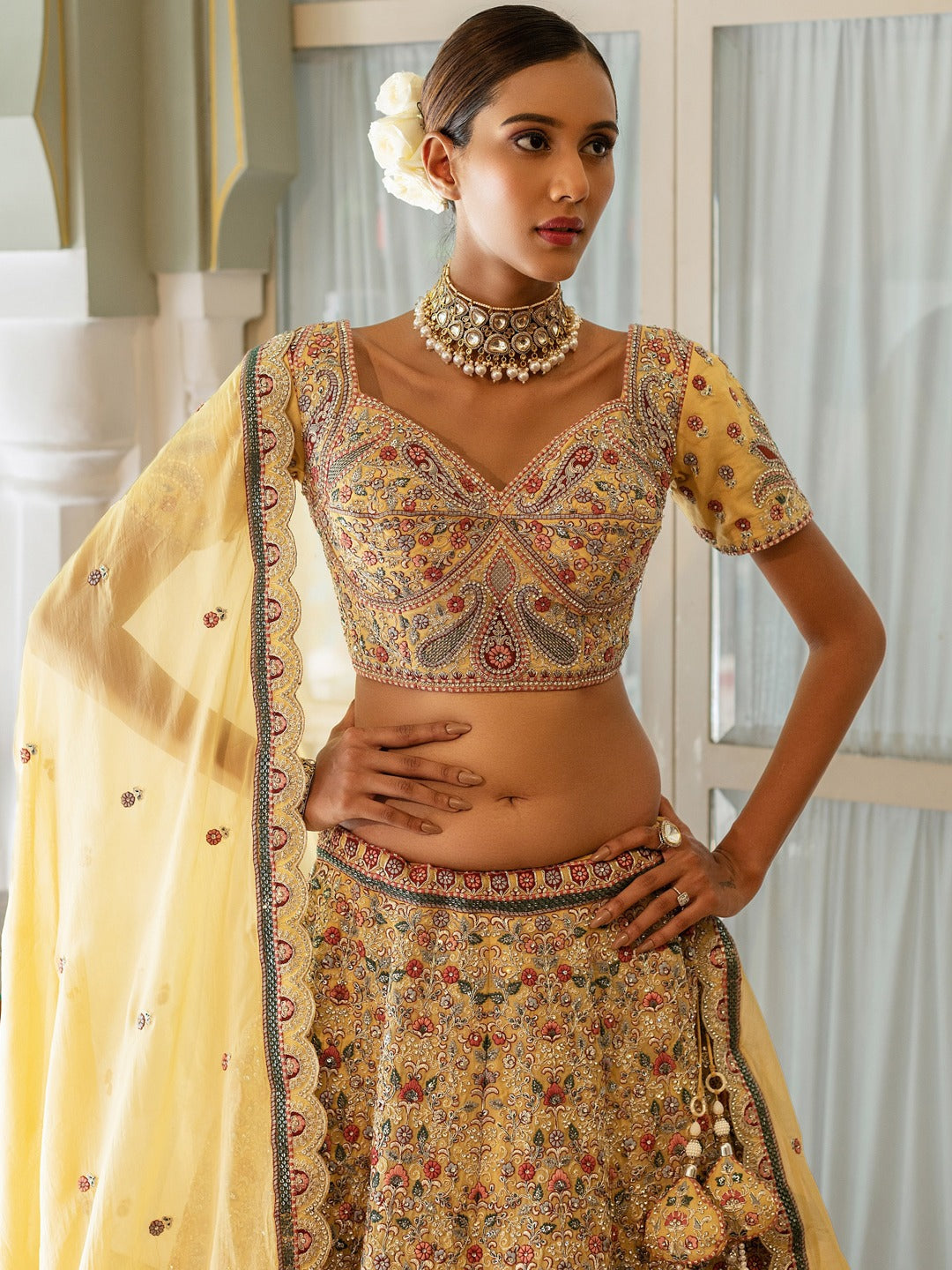 Golden Heavy Zari &amp; Mirror Work Bridal Lehenga