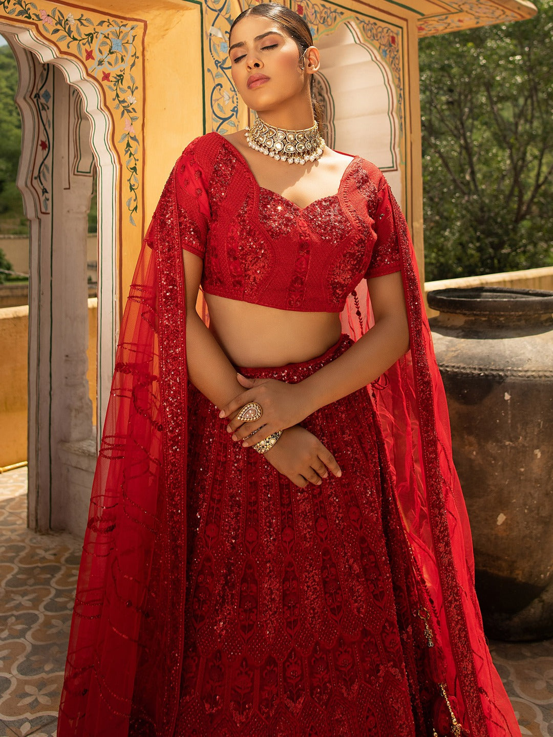 Red Bridal Lehenga with Heavy Zari and Sequins Embroidery