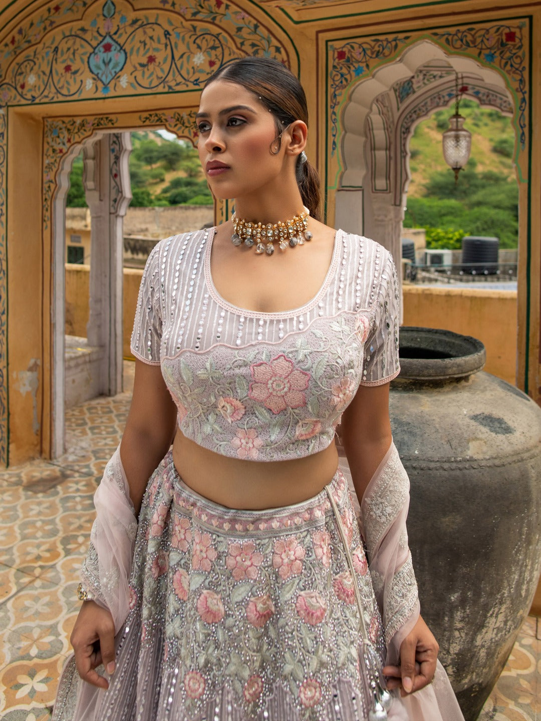Gray &amp; Pink with Subtle Embroidered Bridal Lehenga