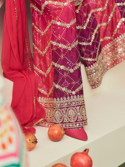 Pink Heavy Chinon &amp; Jarkan Work Sharara Suit