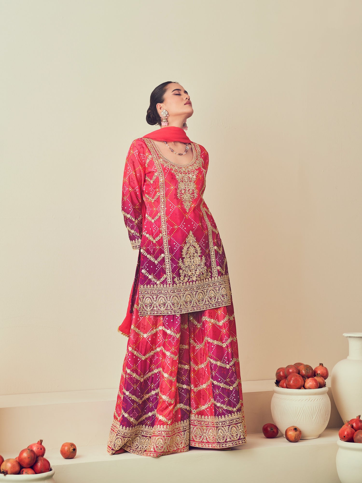 Pink Heavy Chinon &amp; Jarkan Work Sharara Suit