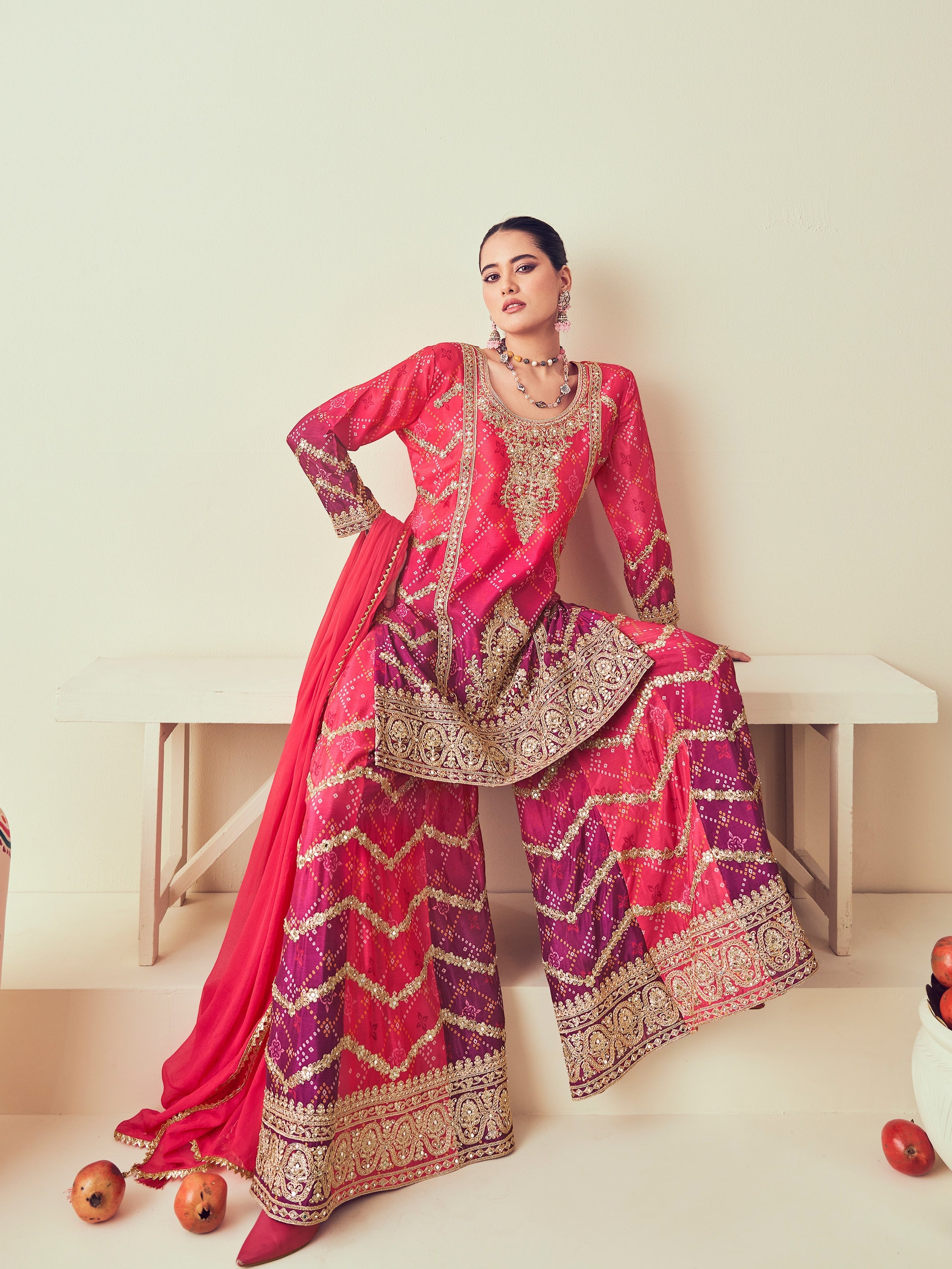Pink Heavy Chinon &amp; Jarkan Work Sharara Suit