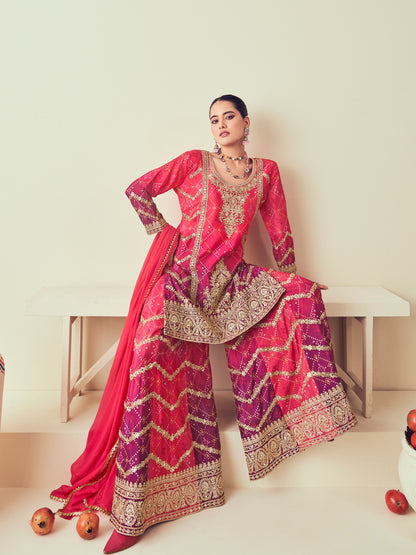 Pink Heavy Chinon &amp; Jarkan Work Sharara Suit
