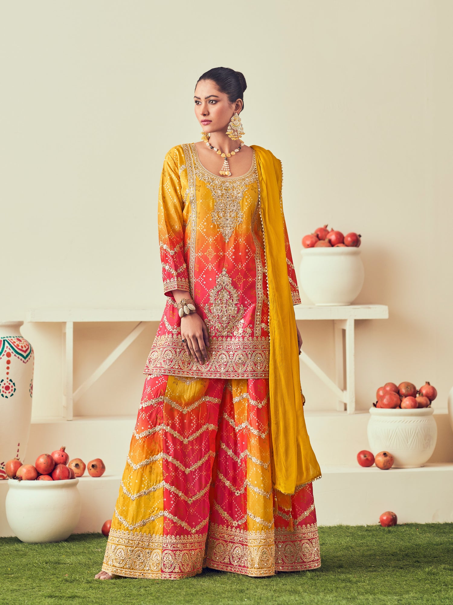 Yellow Heavy Chinon &amp; Mirror Work Sharara Set