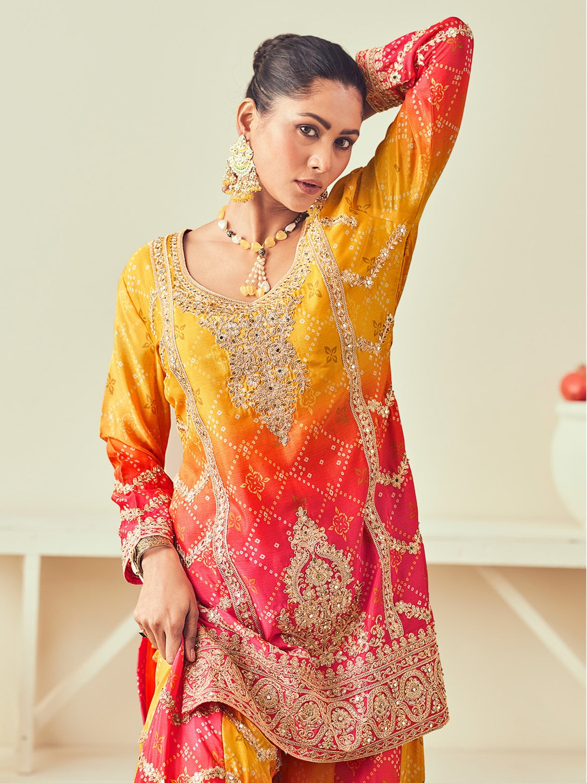 Yellow Heavy Chinon &amp; Mirror Work Sharara Set