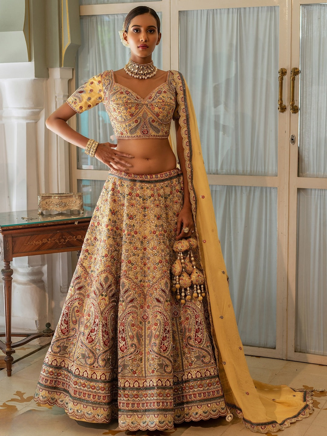 Golden Heavy Zari & Mirror Work Bridal Lehenga